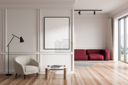 Foto de Vista frontal sobre luminoso salón interior con póster blanco vacío, sofá, ventana panorámica, sillón, mesa de centro, alfombra, cortina, suelo de madera. Concepto de diseño minimalista. Prepárate. renderizado 3d - Imagen libre de derechos