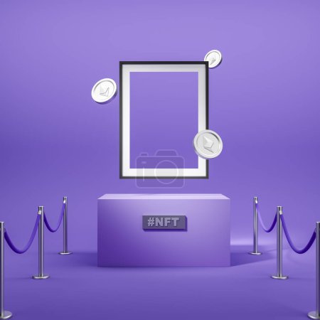 Téléchargez les photos : NFT art and cryptocurrency floating, blockchain. Empty frame for digital image on purple background, mockup copy space. 3D rendering - en image libre de droit