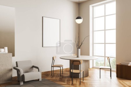 Téléchargez les photos : Beige dining interior with chairs and table, side view, on hardwood floor. Drawer with books near panoramic window on countryside. Mockup poster. 3D rendering - en image libre de droit