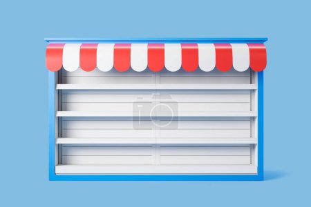 Téléchargez les photos : Cartoon empty shelves in store on light blue background. Concept of retail and goods. Mockup copy space. 3D rendering - en image libre de droit