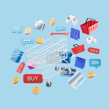 Foto de Shopping cart on light blue background. Photo camera, gamepad, money and text messages icons. Purchase and discount. Concept of gift. 3D rendering - Imagen libre de derechos