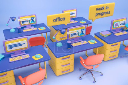 Téléchargez les photos : Espace de coworking dessin animé avec ordinateur PC et fauteuil sur fond bleu, espace de travail avec texte pop-up. Concept de travail en cours. rendu 3D - en image libre de droit