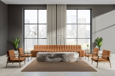 Foto de Luz interior de la sala de estar con sofá, sillones y mesa de centro en la alfombra. Vista panorámica de la ciudad de Nueva York. Moderna zona de salón en apartamento. Renderizado 3D - Imagen libre de derechos