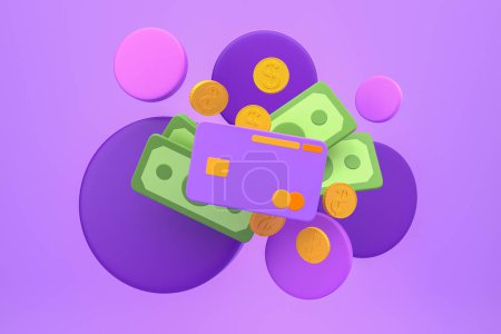 Foto de Tarjeta de crédito, monedas de oro y billetes sobre fondo púrpura. Concepto de reembolso y pago, transacción. Renderizado 3D - Imagen libre de derechos