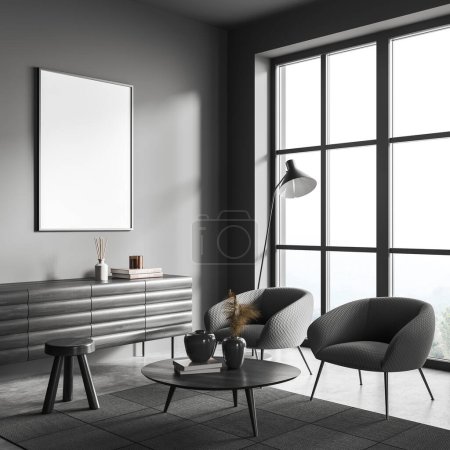 Photo for Dark living room interior, two armchairs and coffee table, side view, drawer with art decoration. Panoramic window on countryside, grey concrete floor. Mock up blank poster. 3D rendering - Royalty Free Image