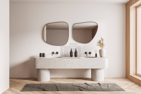 Foto de Beige bathroom interior with double sink and mirror, carpet on hardwood floor. Bathing accessories and window in hotel studio. 3D rendering - Imagen libre de derechos