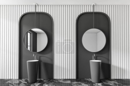 Téléchargez les photos : Intérieur salle de bain noir et blanc avec double lavabo et miroir rond, sol en marbre. Lavabo élégant dans le studio moderne de l'hôtel. rendu 3D - en image libre de droit