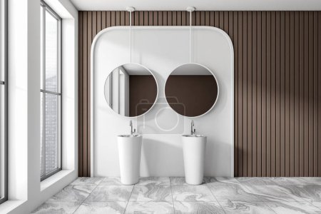 Téléchargez les photos : White bathroom interior with double sink and two round mirrors, panoramic window on Singapore city view. Elegant washing corner with tile marble floor, modern hotel apartment. 3D rendering - en image libre de droit