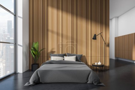 Foto de Front view on bright bedroom interior with empty wooden and white wall, bed, coffee table, panoramic window, houseplant and concrete floor. Concept of minimalist design. Creative idea. 3d rendering - Imagen libre de derechos