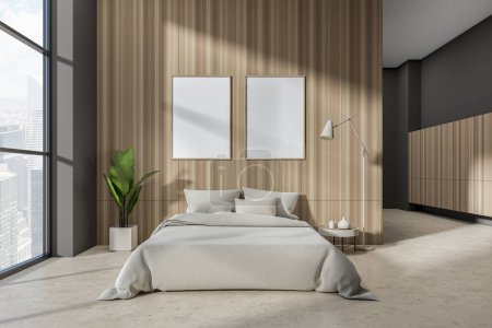 Photo for Front view on dark bedroom interior with two empty white poster, bed, coffee table, panoramic window, houseplant and concrete floor. Concept of minimalist design. Creative idea. Mock up. 3d rendering - Royalty Free Image