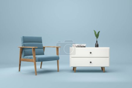 Photo for Light living room interior with blue armchair and white commode, books and vase with plant. Concept of relax space. 3D rendering - Royalty Free Image