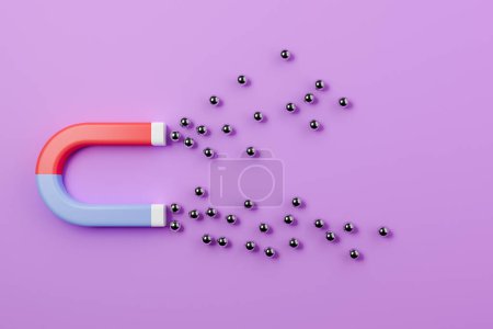 Téléchargez les photos : Horseshoe magnet with metal balls on purple background, red and blue magnet. Concept of gravity and magnetism. 3D rendering - en image libre de droit