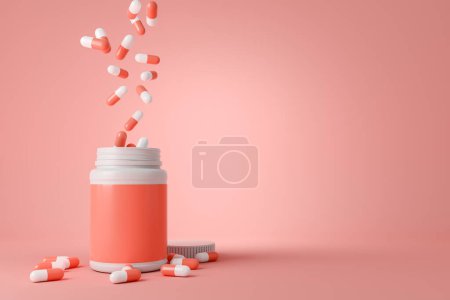 Téléchargez les photos : Petit flacon de médicament avec capsules tombantes sur fond rose clair. Nom du produit et étiquette espace de copie vide. Concept de pharmacie. rendu 3D - en image libre de droit