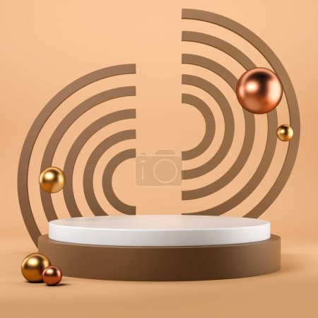 Photo for Beige platform and circle decoration, golden balls floating. Cylinder mockup copy space for product display, advertising goods and promotion. 3D rendering - Royalty Free Image