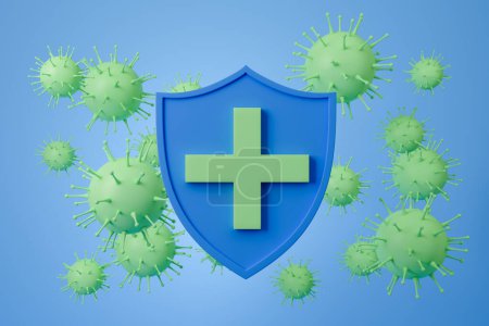 Photo for Antibacterial, anti virus shield with green cross, corona and omicron cells, blue background. Concept of health and protection. 3D rendering - Royalty Free Image