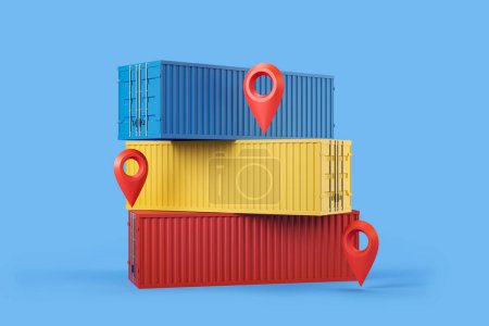 Foto de Stack of closed colorful containers, light blue background. Logistics, location pin and tracking. Concept of export and import. 3D rendering - Imagen libre de derechos