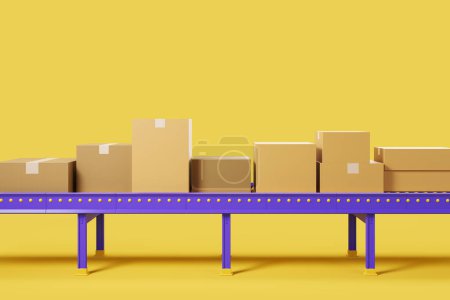 Photo for Conveyor and carton boxes on production line, automated assembly line on yellow background. Concept of packaging and delivery. Copy space. 3D rendering - Royalty Free Image
