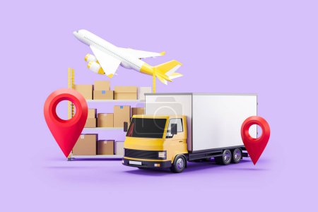 Photo for Delivery service and cardboard box on shelf, purple background. Airplane and van, international logistics. Concept of import and export. 3D rendering - Royalty Free Image