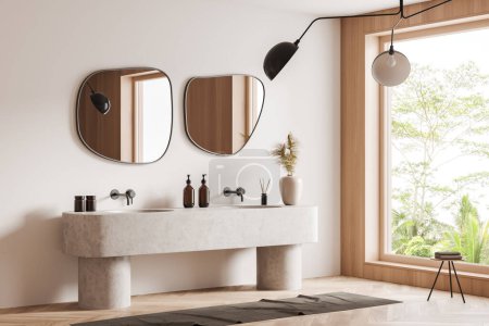 Téléchargez les photos : Beige bathroom interior with double sink and mirror, side view, carpet on hardwood floor. Bathing hotel accessories and panoramic window on tropics. 3D rendering - en image libre de droit