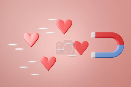 Photo for Horseshoe magnet on pink background, red hearts and love, attention. Concept of attraction. 3D rendering - Royalty Free Image