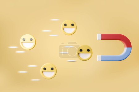 Foto de Imán rojo y azul herradura sobre fondo amarillo claro, emoji sonriente, red social. Concepto de conexión. Renderizado 3D - Imagen libre de derechos
