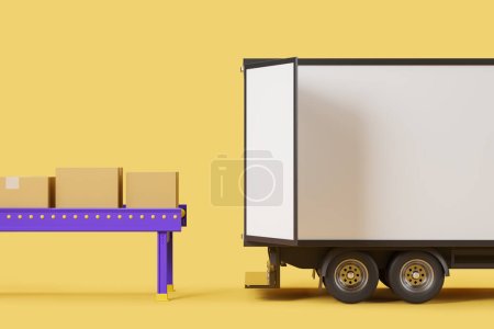 Téléchargez les photos : Truck and conveyor with cardboard boxes on production line, yellow background. Concept of delivery and packaging. Mockup copy space. 3D rendering - en image libre de droit
