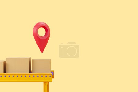 Téléchargez les photos : Conveyor and carton boxes on production line, yellow background. Red location pin. Concept of parcel tracking. Copy space. 3D rendering - en image libre de droit
