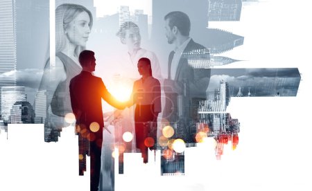 Photo for Silhouettes of business people working together, man and woman handshake and partners talking, double exposure of financial skyscrapers, toned image. Concept of conference - Royalty Free Image