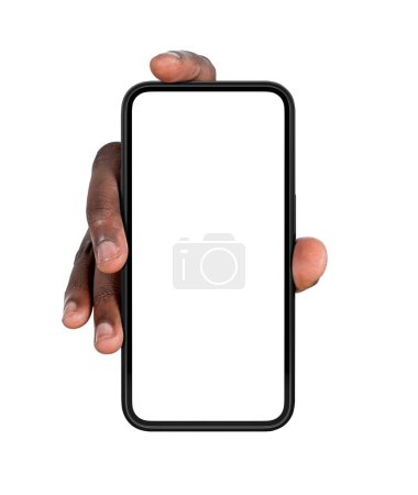 Téléchargez les photos : Black hand hold phone, mock up copy space screen, isolated over white background. Concept of website and mobile app. - en image libre de droit