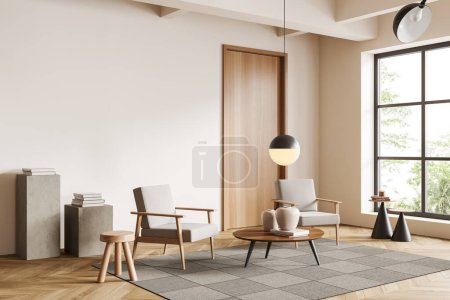 Foto de Interior de la sala de estar beige con dos sillones, mesa de centro con decoración de arte, vista lateral, ventana panorámica en los trópicos. Mockup pared beige vacía, representación 3D - Imagen libre de derechos