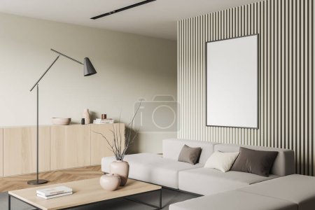 Photo for Light living room interior with sofa and coffee table on hardwood floor. Lounge zone and drawer with decoration, side view, mockup poster. 3D rendering - Royalty Free Image