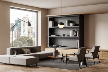 Foto de Beige living room interior with sofa, two armchairs and coffee table, side view, panoramic window on New York city view. Shelf with decoration, carpet on hardwood floor. 3D rendering - Imagen libre de derechos