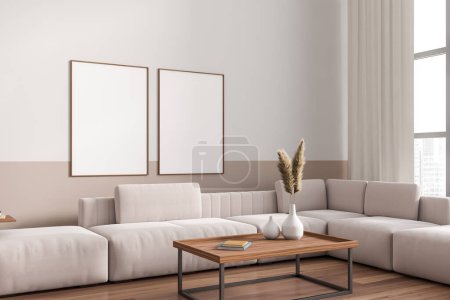Téléchargez les photos : White living room interior with couch on hardwood floor. Coffee table with decoration and dry plant, relax area in apartment. Two mock up canvases on wall. 3D rendering - en image libre de droit