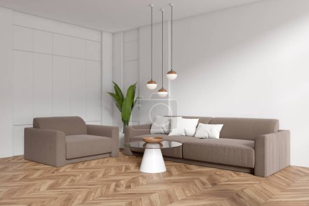 Photo for Corner view on bright living room interior with empty white wall, armchair, sofa, coffee table, houseplant, oak wooden hardwood floor. Concept of minimalist design. 3d rendering - Royalty Free Image
