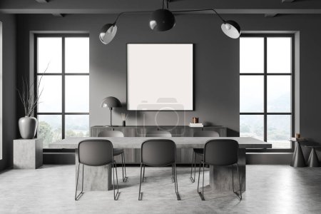 Photo for Dark dining room interior with seat and table on grey concrete floor. Dresser with art decoration, side view, panoramic window on countryside. Mockup poster. 3D rendering - Royalty Free Image