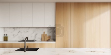 Téléchargez les photos : Marble countertop with sink on background of wooden kitchen interior with cooking space. Mockup copy space for product display. 3D rendering - en image libre de droit