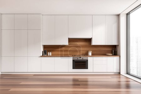 Téléchargez les photos : White kitchen interior with sink, stove and oven. Deck with kitchenware and shelves, front view, hardwood floor. Panoramic window on city view. 3D rendering - en image libre de droit
