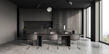 Foto de Interior de comedor oscuro con mesa, sillas, isla de bar en piso de hormigón gris. Sala de cocina con estantes y utensilios de cocina, ventana panorámica al campo. Renderizado 3D - Imagen libre de derechos