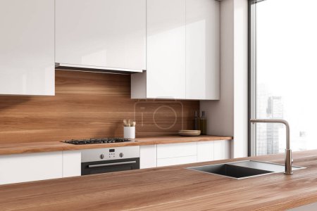 Foto de Interior de la cocina blanca con isla bar, vista de esquina, fregadero y estufa. Utensilios de cocina en cubierta. Renderizado 3D - Imagen libre de derechos