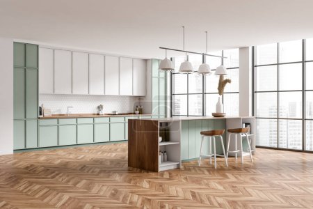 Foto de White kitchen interior with bar chairs and island, hardwood floor. Kitchenware and decoration on shelf. Cooking area with panoramic window on city view. 3D rendering - Imagen libre de derechos