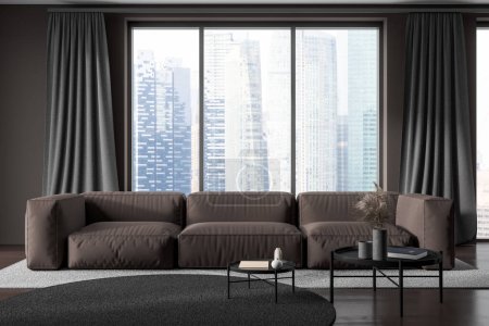 Photo for Modern lounge zone interior with sofa, coffee table on carpet, hardwood floor. Panoramic window on Singapore city view. Modern chill zone. 3D rendering - Royalty Free Image