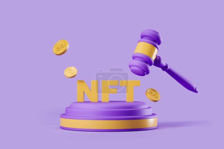 Foto de NFT en el podio, martillo de subasta y monedas de oro flotando. Concepto de arte digital. Renderizado 3D - Imagen libre de derechos