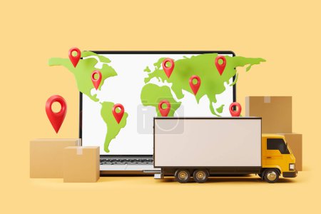 Photo for Laptop screen with world map and location pin. Cardboard box and delivery van, logistics. Concept of online tracking. Mockup copy space. 3D rendering - Royalty Free Image