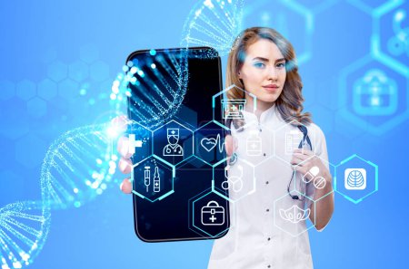 Photo for Young woman doctor hold smartphone, diverse medical icons hologram with dna. Mobile app and online consultation. Concept of health care and telemedicine - Royalty Free Image