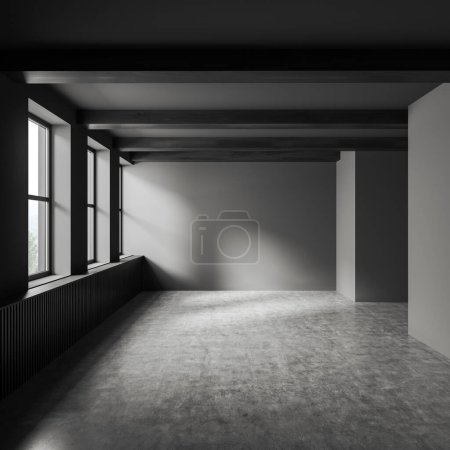 Téléchargez les photos : Studio intérieur sombre avec sol en béton gris, vue de face, appartement vide à aire ouverte avec fenêtre panoramique sur campagne. Pas de meubles, pas de gens. rendu 3D - en image libre de droit