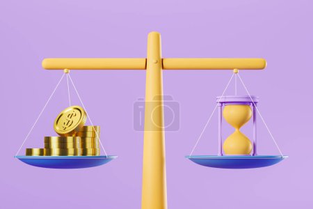 Téléchargez les photos : Minimalist scales with money and time on purple background. Concept of life and balance. 3D rendering - en image libre de droit
