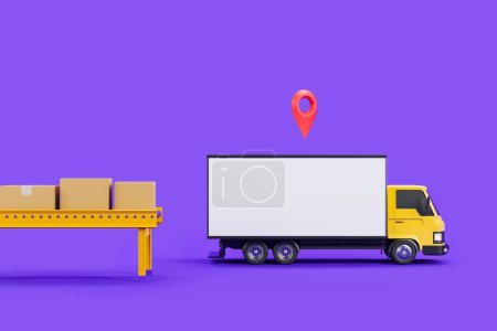 Téléchargez les photos : Delivery service and cardboard box on assembly line, red location mark, purple background. Concept of goods production and shipment. Mockup copy space. 3D rendering - en image libre de droit