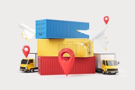 Photo for Delivery service and colorful container, cargo on light grey background. Transportation, export and import. Concept of global logistics. 3D rendering - Royalty Free Image