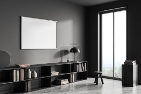 Téléchargez les photos : Dark living room interior with wooden shelf and art decoration, side view, stool and stand on grey concrete floor. Panoramic window on countryside. Mock up poster. 3D rendering - en image libre de droit