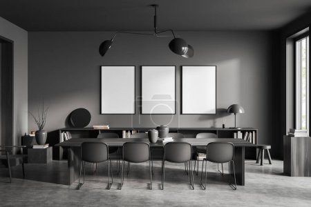 Photo for Dark meeting interior with chairs and table, drawer with art decoration, grey concrete floor, panoramic window on tropics. Three mock up blank posters. 3D rendering - Royalty Free Image